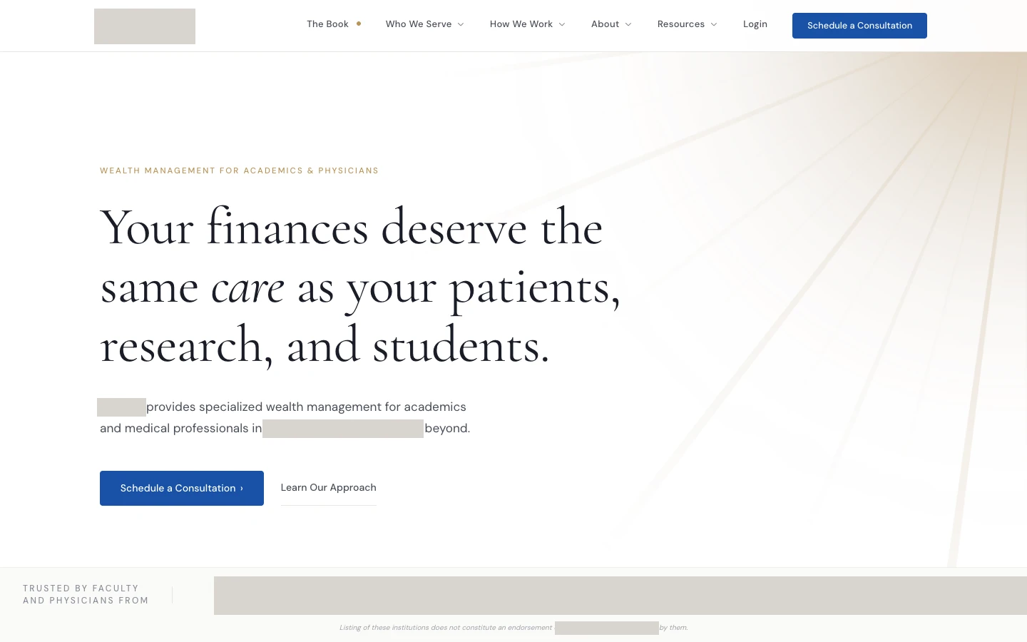 Advisor website hero, firm details masked