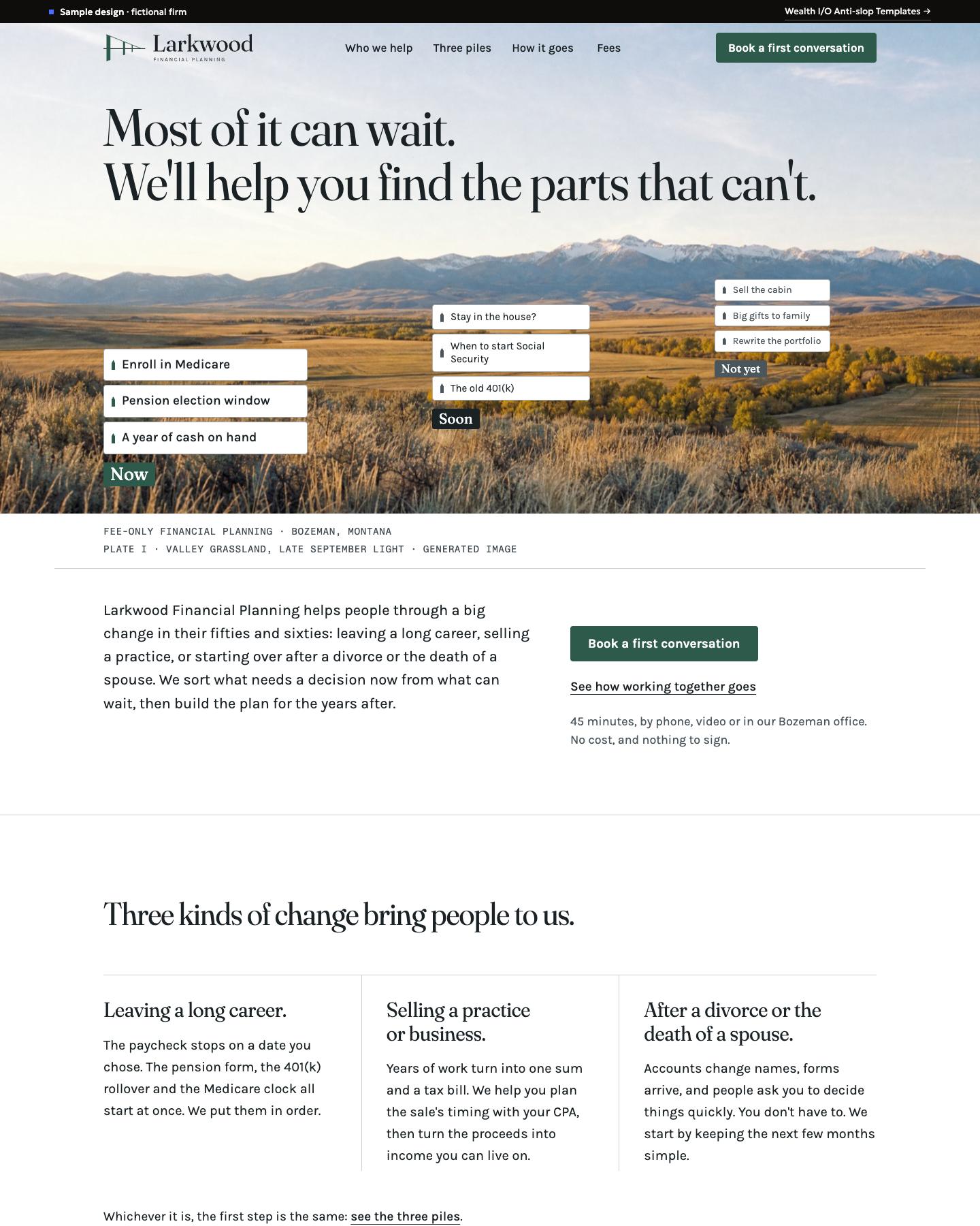 The Larkwood Financial Planning sample homepage, first screen