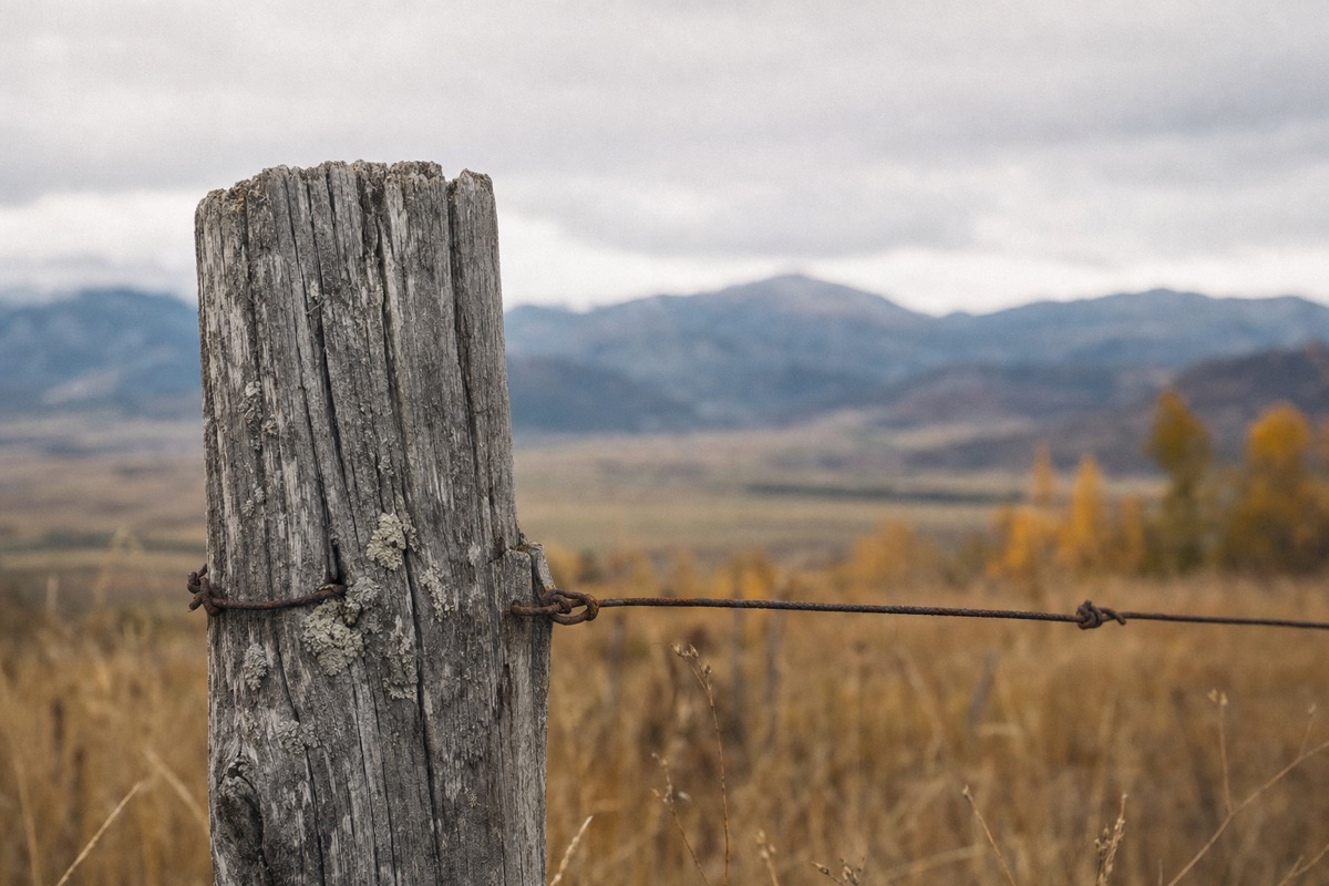 Generated image: a weathered fence post and one strand of old wire at the edge of a dry grass field.